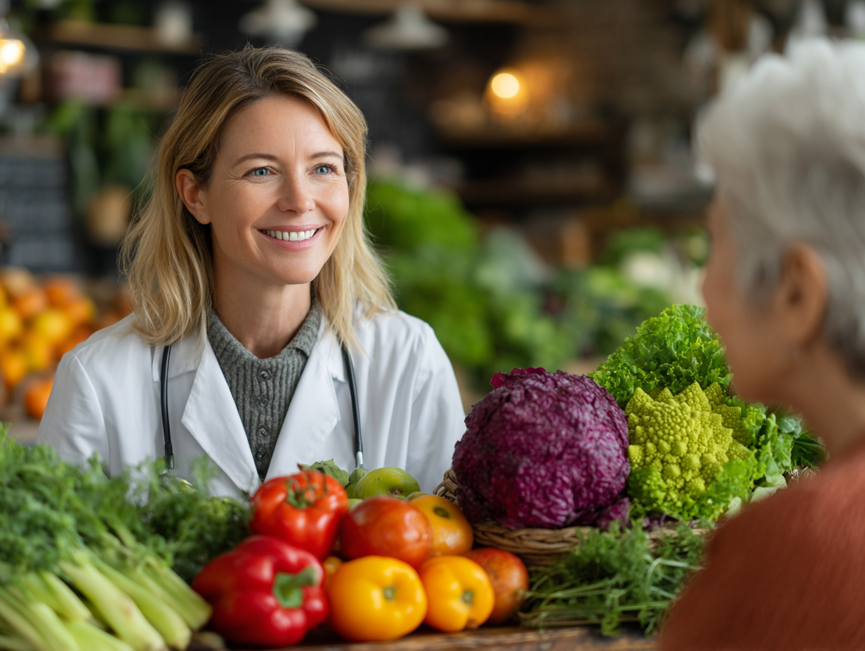 Професійний нутриціолог консультує клієнта старшого віку з планом харчування